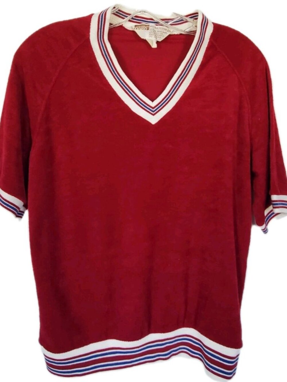 VTG 70s Montgomery Ward Velour V-Neck Top Red Striped Trim Short Sleeve M/L